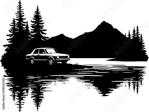 car in the forest, car, truck, vector, icon, transport, vehicle, transportation, illustration, auto, cartoon, road, design, automobile, delivery, sign, silhouette, symbol, trailer, traffic, bus, tract