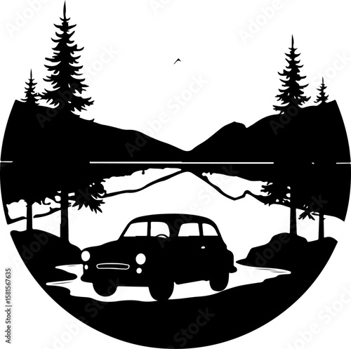 car in the forest, car, truck, vector, icon, transport, vehicle, transportation, illustration, auto, cartoon, road, design, automobile, delivery, sign, silhouette, symbol, trailer, traffic, bus, tract