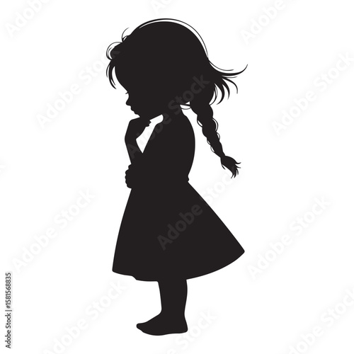Silhouette of a young girl with braided hair thinking with her finger on her chin wearing a dress