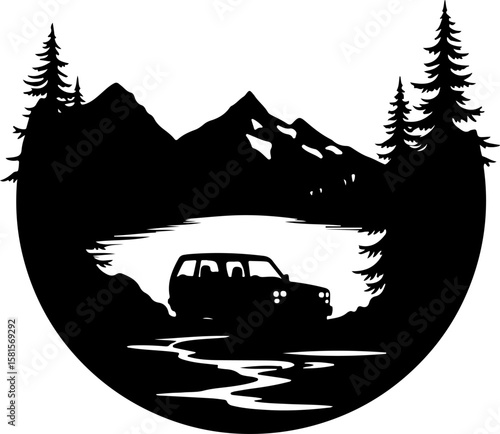 car in the forest, car, truck, vector, icon, transport, vehicle, transportation, illustration, auto, cartoon, road, design, automobile, delivery, sign, silhouette, symbol, trailer, traffic, bus, tract