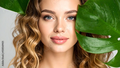 Woman with healthy skin and curly hair, tropical leaf