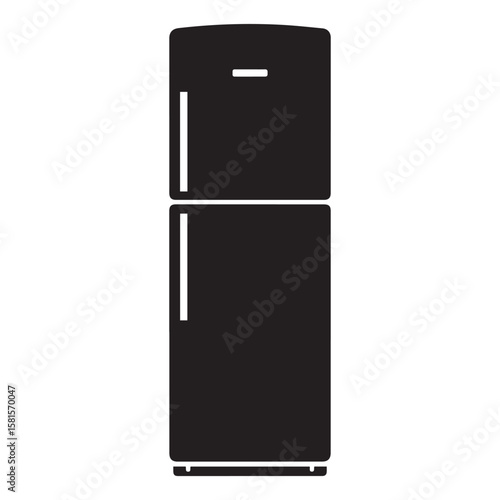Simple black silhouette icon of a modern two door refrigerator with a freezer compartment on top and a refrigerator compartment below