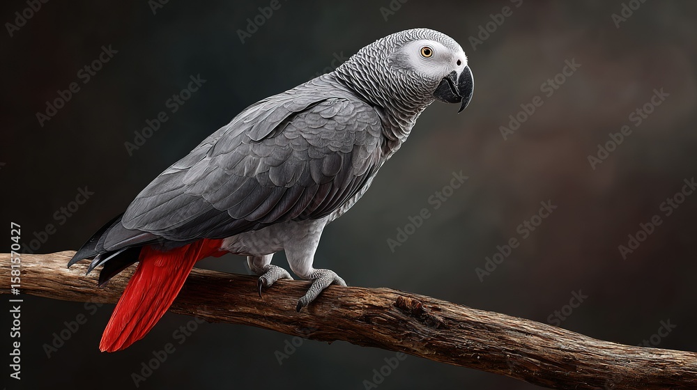 Obraz premium African Grey Parrot with bright red tail feathers perched on a natural wooden branch