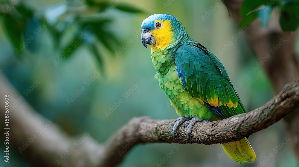 Obraz premium A brightly colored parrot with yellow and blue markings perches on a branch