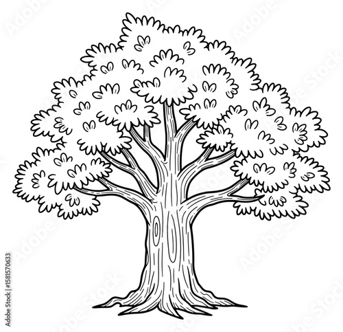 Cartoon Illustration of a Tree with a Broad Trunk and Bushy Crown in Black and White