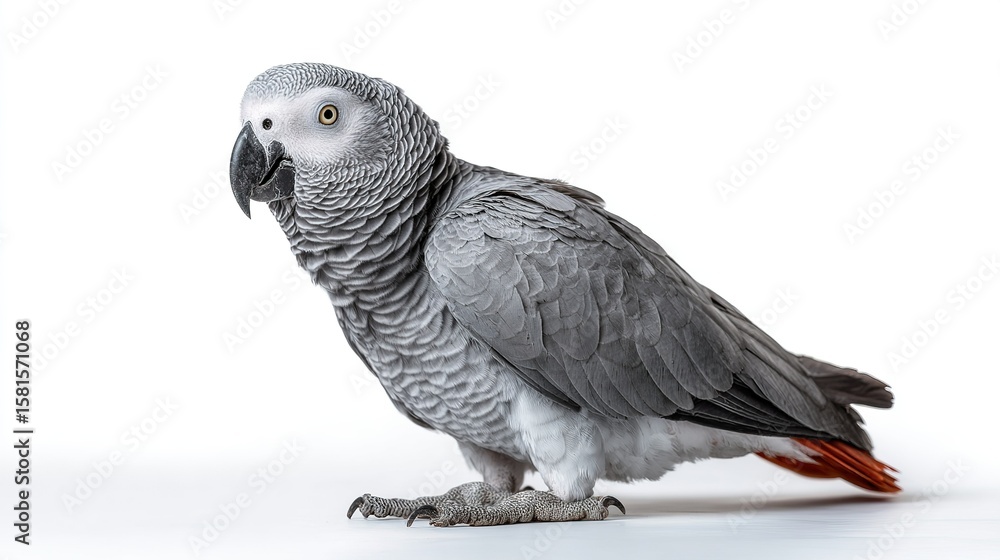 Fototapeta premium A detailed profile of an African Grey parrot standing on a white surface