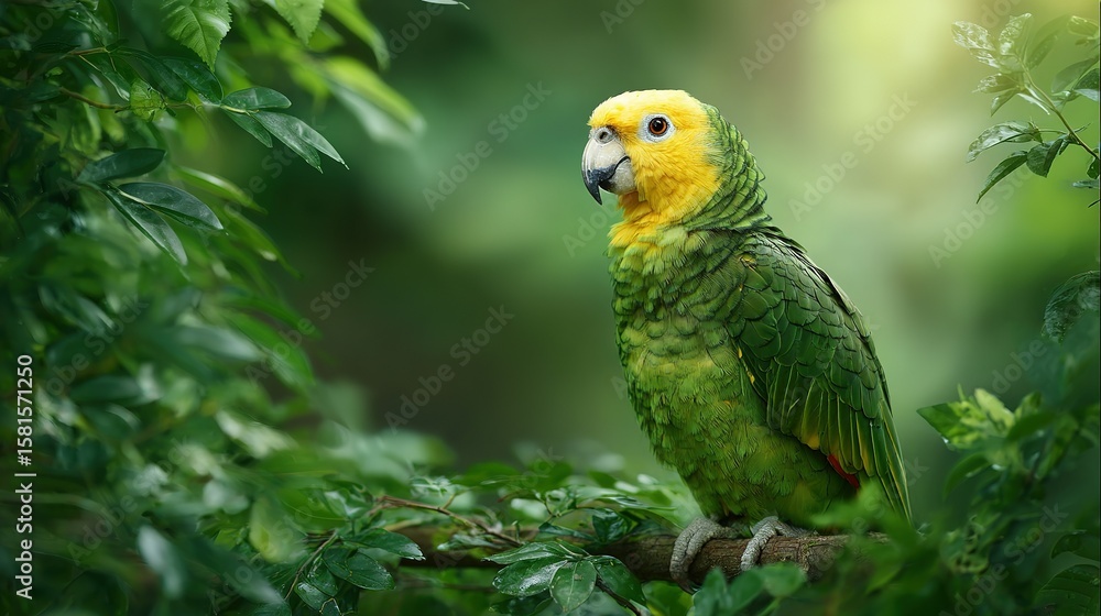 Obraz premium Yellow headed parrot perching on a branch amidst lush green foliage yellowheaded parrot