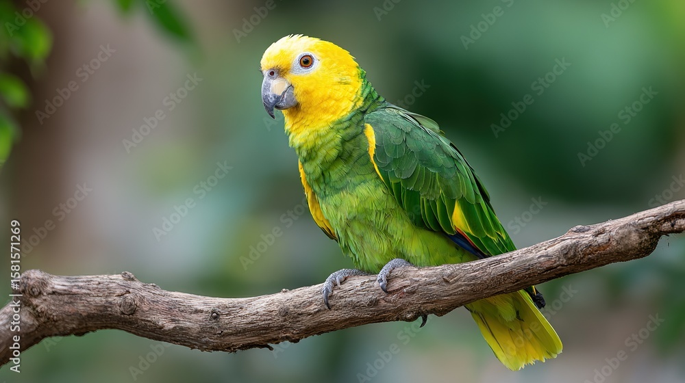 Fototapeta premium A vibrant green parrot with a yellow head perches on a rustic tree branch