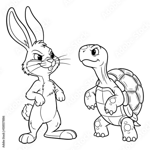 Cartoon Line Art Depicting the Classic Tale of the Tortoise and the Hare