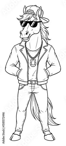 Cool Horse Cartoon Character in Streetwear with a Baseball Cap, Sunglasses, and a Horseshoe Necklace, Black and White Illustration