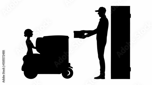 Silhouette of delivery people exchanging package with driver on scooter near door in black and white