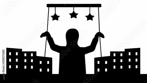 A silhouette of a person controlling buildings and stars with strings like a puppet master showman