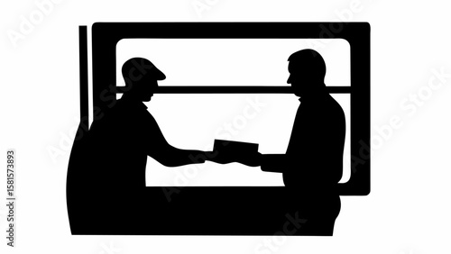 Silhouette of two men exchanging an object through a window in a black and white illustration style