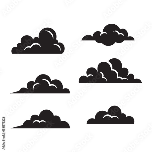 Set of six minimalist black clouds on white background vector illustration