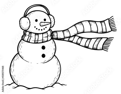 Detailed Sketch of a Cheerful Snowman with Earmuffs and a Waving Scarf