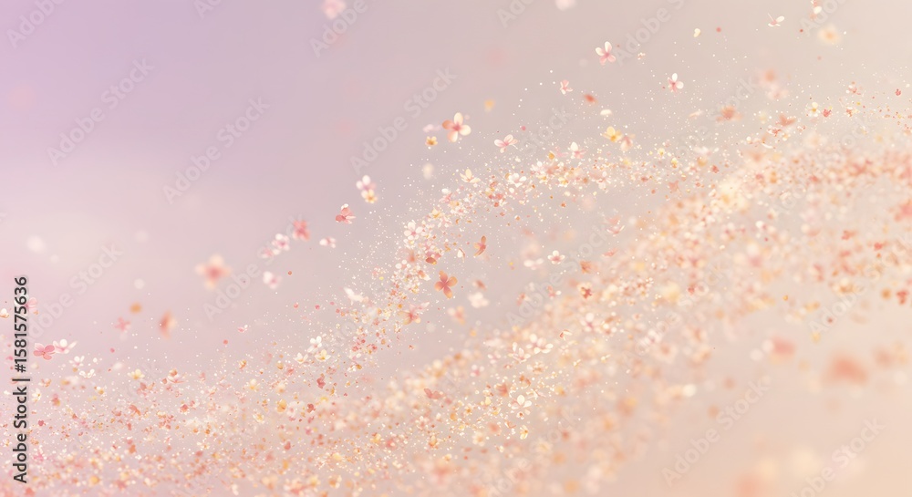 Obraz premium A swirling vortex of delicate, peach-colored petals floats against a soft, pastel sky.
