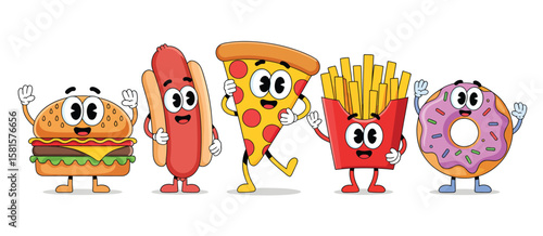 Happy cartoon characters of burger hot dog pizza french fries and donut celebrating together