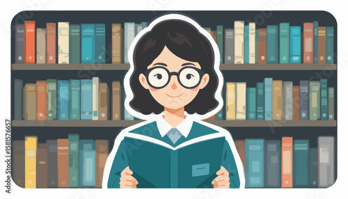 Vector icon of a librarian with books and glasses