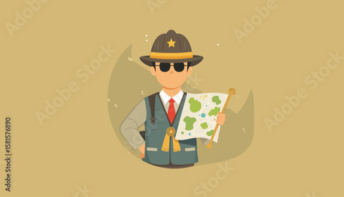 Flat icon of a tour guide with flag and map