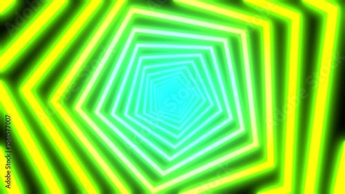 Neon green and blue hexagonal tunnel. Suitable for tech backgrounds or futuristic designs in web, graphic, or video projects.