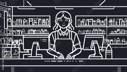 Outline icon of a cashier at checkout counter