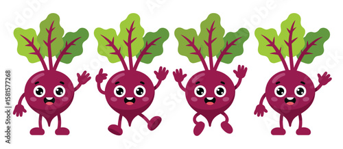 Four happy cartoon beet vegetables with leaves and arms waving