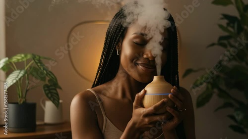 Peaceful young Black woman with eyes closed inhaling aromatic mist from a natural wood essential oil diffuser
