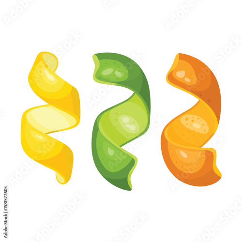 Three colorful fruit peels twisted into spirals on a white background