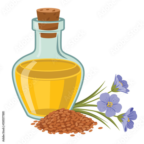 Bottle of golden flaxseed oil with flax seeds and blue flowers