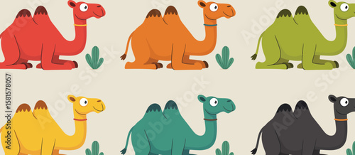 Cute cartoon camels in various vibrant colors with desert plants in a repeating pattern