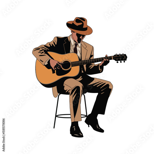Man in a suit and hat playing an acoustic guitar while sitting on a stool