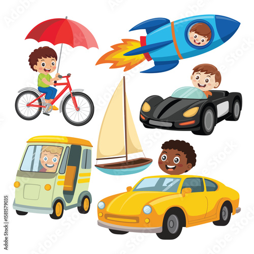 Children enjoying various modes of transportation including a bicycle rocket car and boat