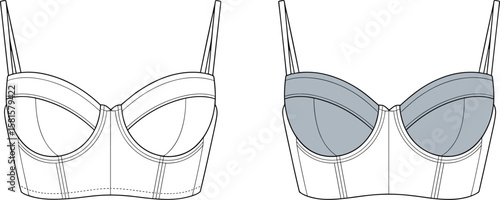 cad drawing flat vector illustration, bra technical sketch, lingerie fashion design, garment blueprint, apparel template, sewing pattern layout