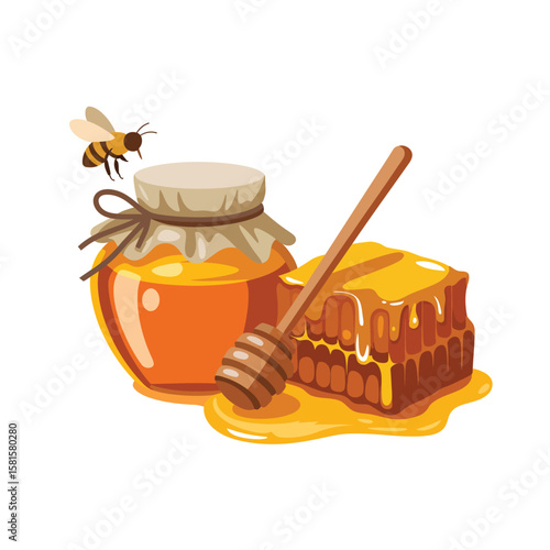 Sweet honey jar with honeycomb and bee honey dipper isolated on white
