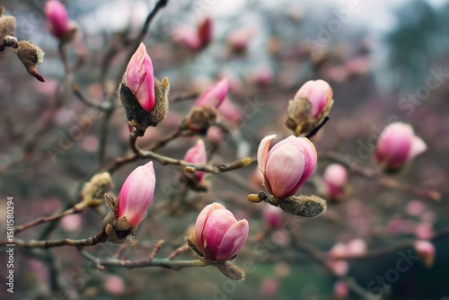 The delicate pink buds of magnolia trees, emerging on the branches in the early spring.