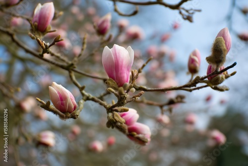 The delicate pink buds of magnolia trees, emerging on the branches in the early spring.