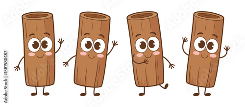 Four happy cartoon cinnamon sticks waving and smiling