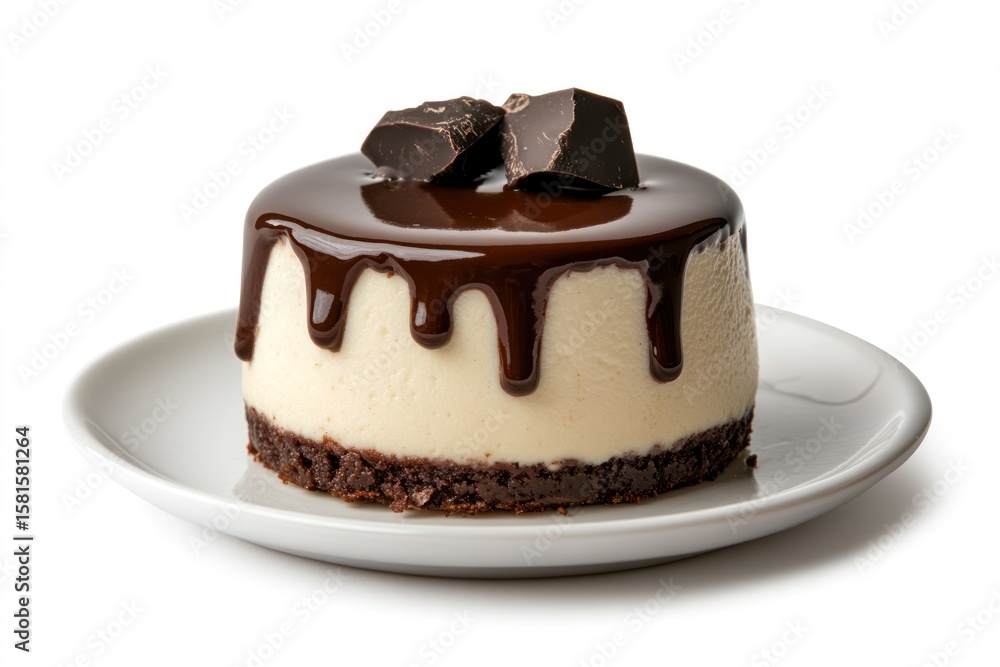 single serving panna cotta with a thick layer of chocolate ganache dripping down the sides isolated on white background single serving panna cotta with a thick layer of chocolate ganache dripping down the sides isolated on white background