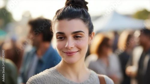 Wallpaper Mural A beautiful young woman with dark hair in an elegant bun, standing among crowd of people during company event Torontodigital.ca