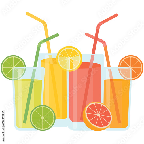 Refreshing assortment of colorful fruit juices in glasses with straws and citrus slices