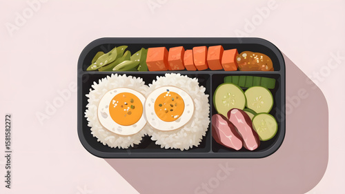 Vector Artwork of a Ready-to-Eat Bento Meal, Ideal for Food Blogs or Menu Designs