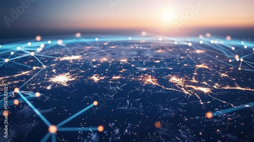 High-angle view of interconnected global data networks.