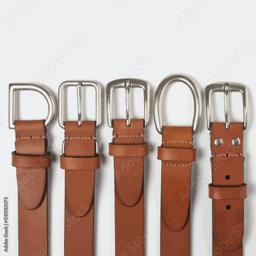 Collection of five classic brown leather belts with silver buckles arranged in a row