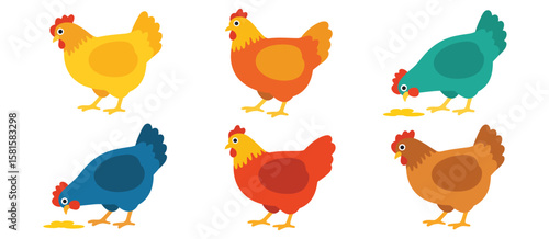 Collection of six colorful cartoon chickens pecking at food on a white background