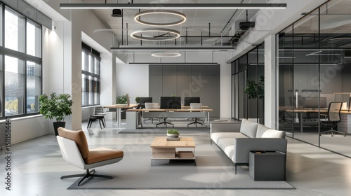 Fototapeta Naklejka Na Ścianę i Meble -  High-tech office space with contemporary furniture and cutting-edge technology, showcasing modern business.