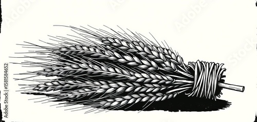 Vintage black & white block print style illustration of a wheat bundle, grunge texture,  harvest,  rustic