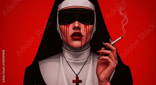 A blindfolded nun with blood-like tears, holding a lit cigarette, against a red background.


