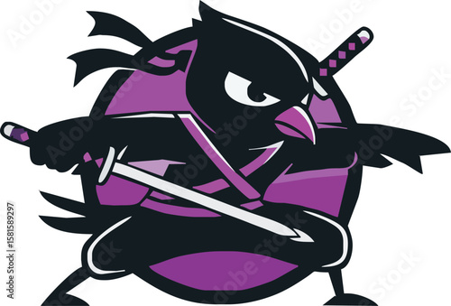 A fierce, purple-clad ninja owl brandishes two swords, poised for action within a circular emblem.