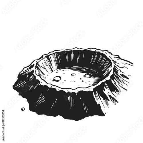 Detailed black and white hand drawn crater illustration on white background for design elements