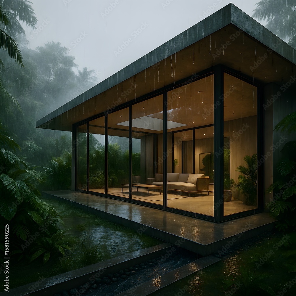 Fototapeta premium Modern Glass House in Lush Rainforest